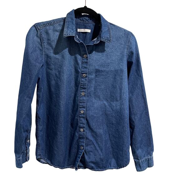 7 for all mankind Indigo Chambray Shirt Women Size M Easy Western Cowboy Cottage - Picture 1 of 5